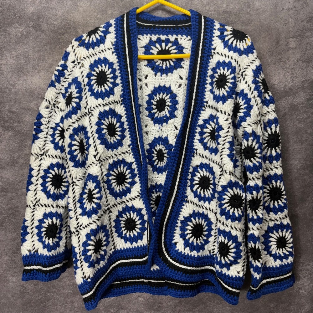 Handmade Crochet Granny Square Cardigan Blue White Sunburst Floral Knit Size M/L